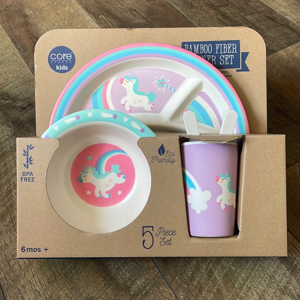 Core bamboo kids 5 piece unicorn dinner set: plate, bowl, cup, fork & spoon